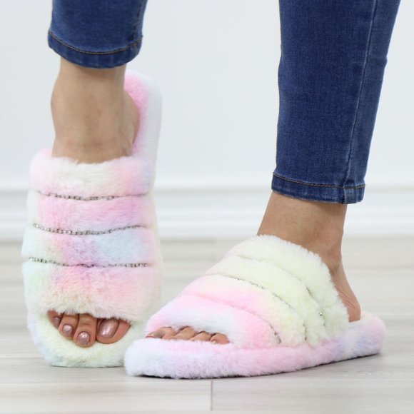 Tie Dye Puff Fuzzy Fluffy Slip On Plush Slippers Diamond Accents - Picture 2 of 15